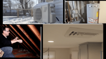 Intercut diagram of different areas of a house to pay attention to: Heat Pump, Water Heater, Attic I