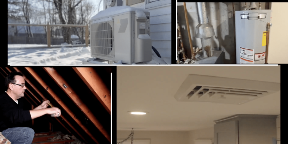 Intercut diagram of different areas of a house to pay attention to: Heat Pump, Water Heater, Attic I