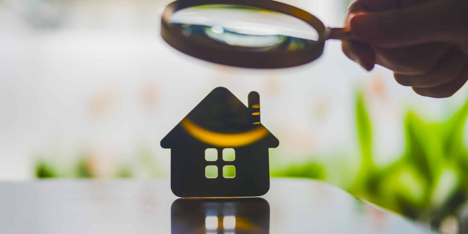 Magnifying glass hovering over model house Magnifying glass hovering over model house